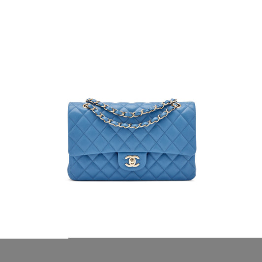 Ch*el blue quilted caviar medium classic double flap light gold hardware as1112 (25*15*6cm)