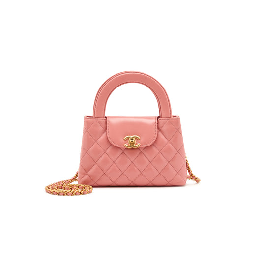 Ch*el pink quilted calfskin mini kelly shopper brushed gold hardware as4416 (19*13*7cm)