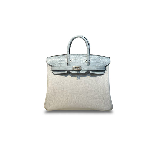 H**mes master birkin 25 crocodile and togo leather breeze blue silver buckle h076216ck45 (25*20*13cm)
