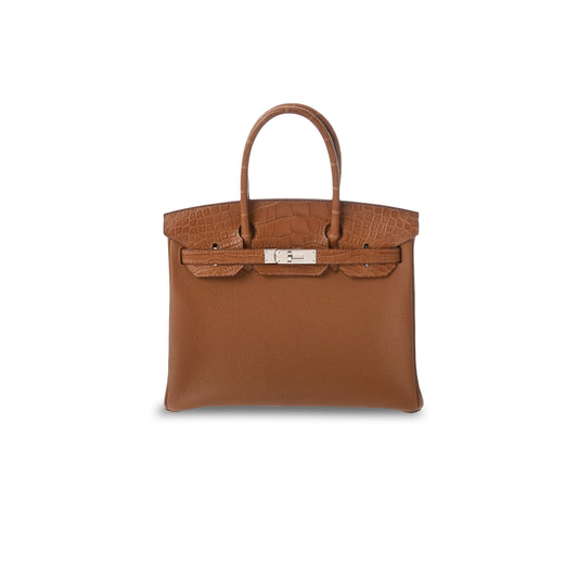 H**mes master birkin 30 matte crocodile and togo leather brown gold buckle h076235ck35 (30*22*16cm)