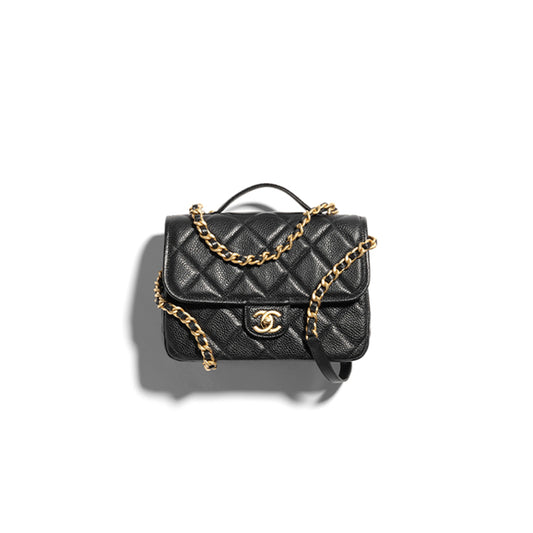 Ch*el grained shiny calfskin & gold-tone metal backpack as5347 (24*18*6cm)