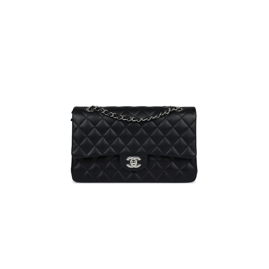 Ch*el master medium classic double flap black lambskin silver hardware a01112  (25.5*15.5*6.5cm)