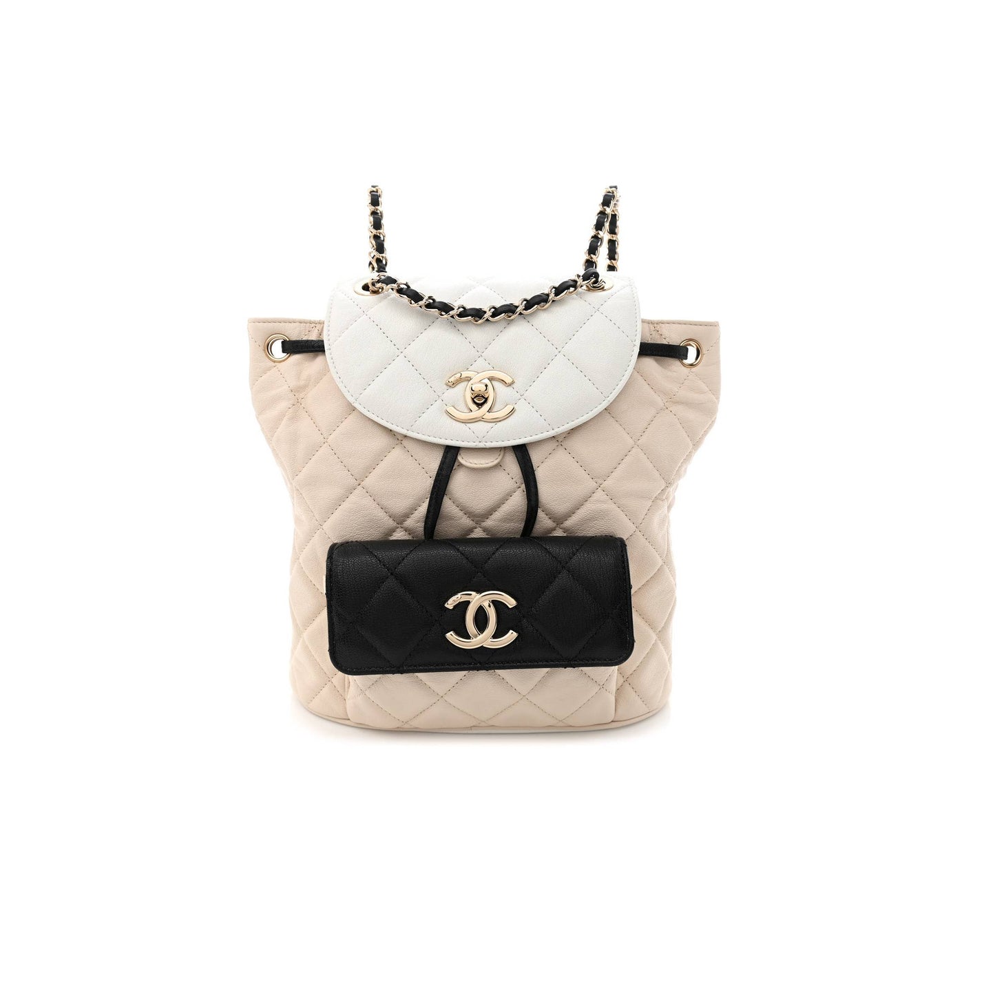 Ch*el goatskin quilted duma drawstring backpack beige black white rose gold hardware (23*22*12cm)