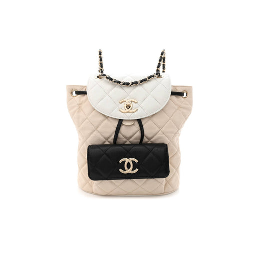 Ch*el goatskin quilted duma drawstring backpack beige black white rose gold hardware (23*22*12cm)