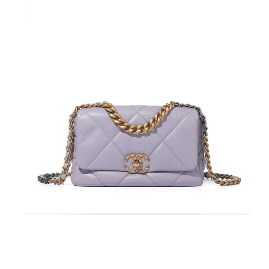 Ch*el purple quilted lambskin Ch*el 19 flap brushed gold and ruthenium hardware as1160 (26*16*9cm)