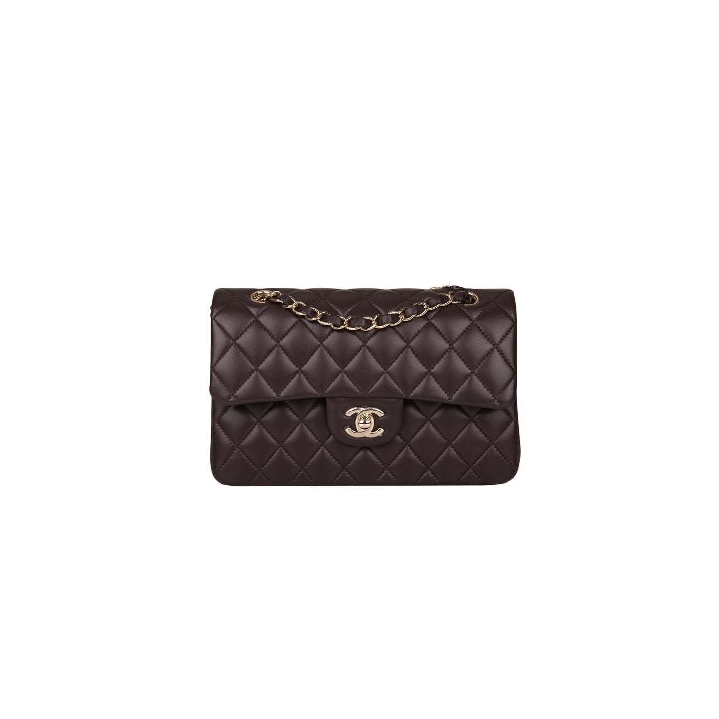 Ch*el classic double flap bag dark brown lambskin light gold hardware as1117 (23*14.5*6cm)