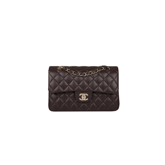 Ch*el classic double flap bag dark brown lambskin light gold hardware as1117 (23*14.5*6cm)