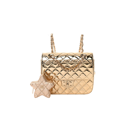 Ch*el mirror calfskin metallic calfskin quilted hollywood boulevard backpack with coin purse gold as4647 (20*15*6.5cm)