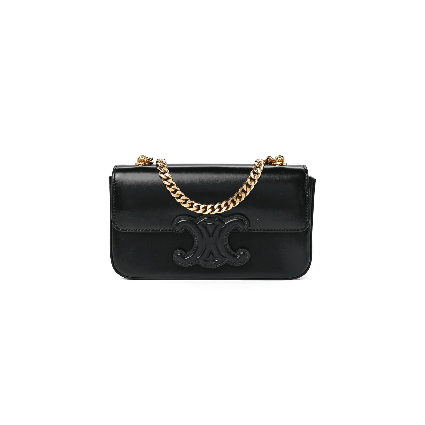 Ce**e shiny calfskin cuir triomphe chain shoulder bag black (20*11*4cm)