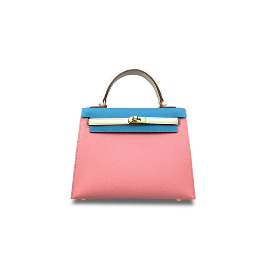 H**mes kelly 25 epsom three-color milkshake powder candy blue milkshake white gold buckle (25*17*7cm)