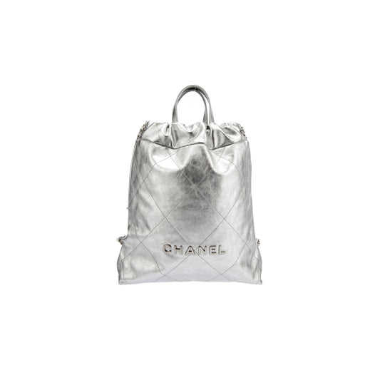 Ch*el master metallic calfskin quilted Ch*el 22 backpack silver (34*29*10.5cm)