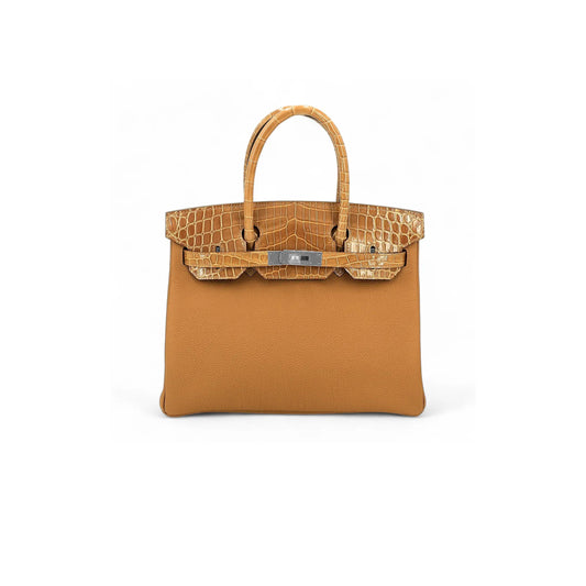 h**mes master birkin 25 crocodile and togo leather G01den brown silver buckle h076216ck44 (25*20*13cm)