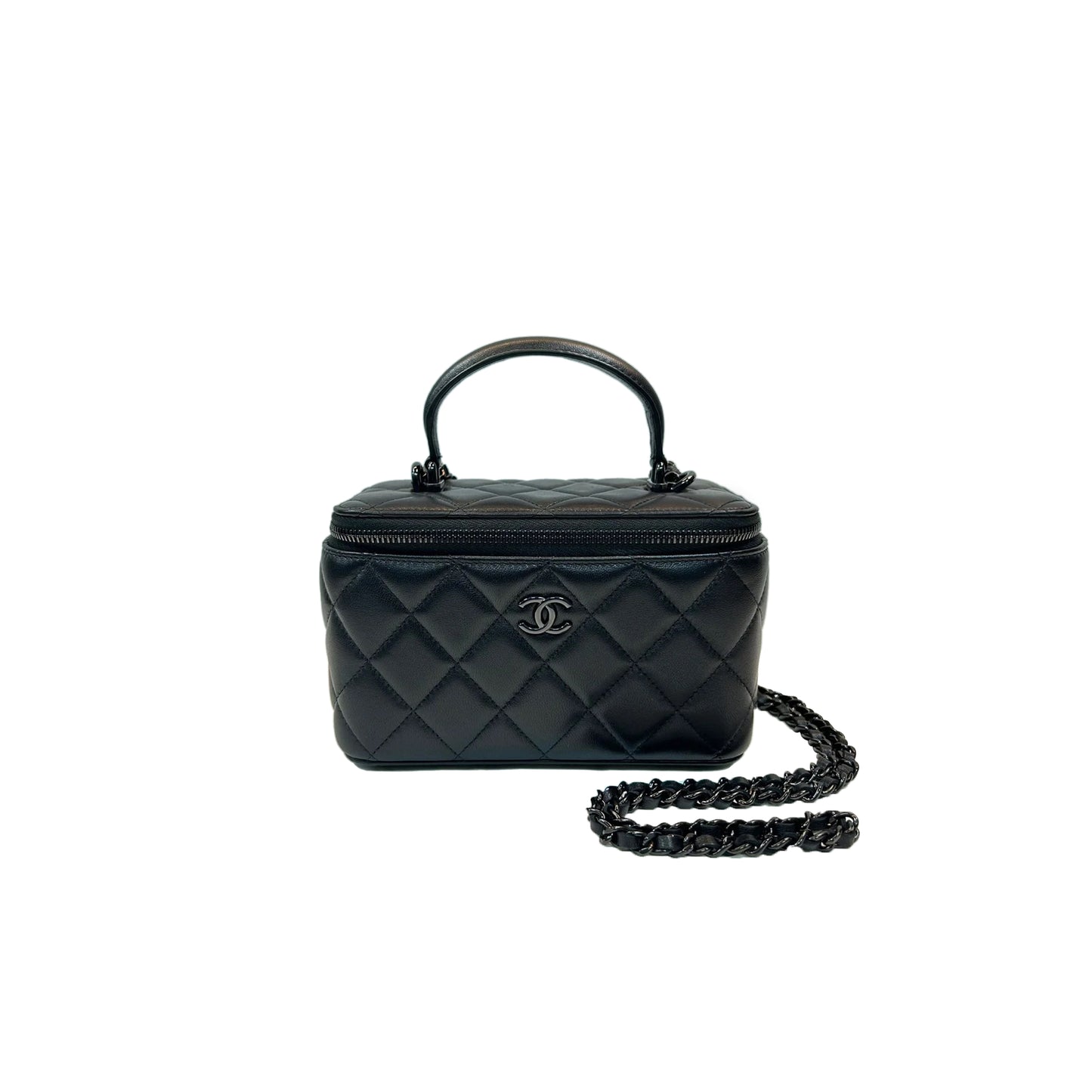 Ch*el matelasse 2way vanity case black lambskin ap2199 (16*10*8cm)