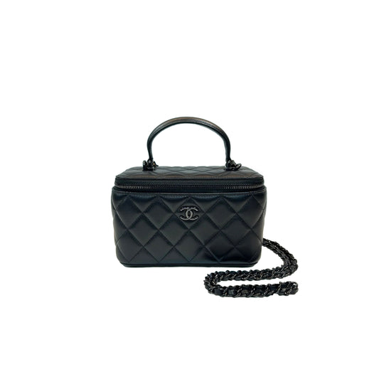 Ch*el matelasse 2way vanity case black lambskin ap2199 (16*10*8cm)