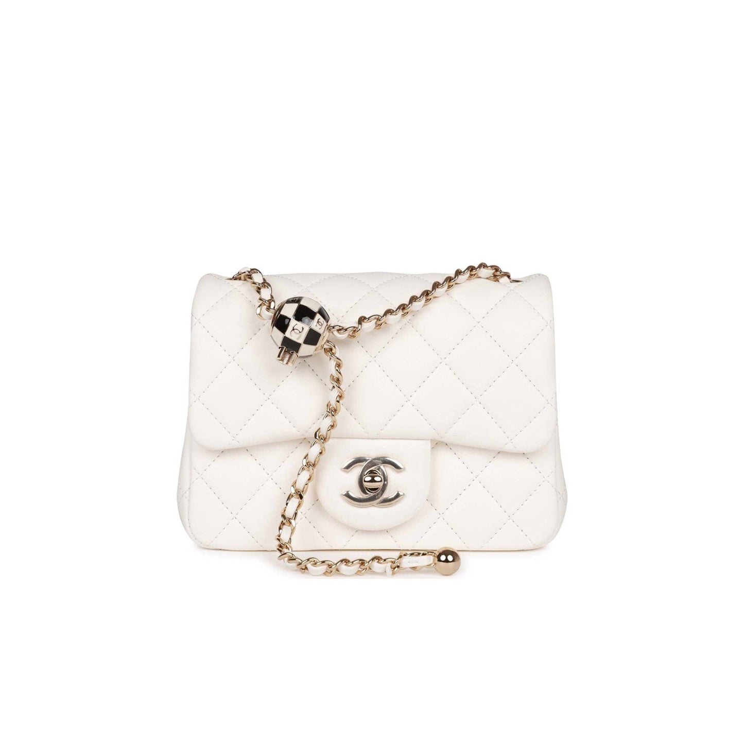 Ch*el pearl crush mini square flap bag white lambskin light gold hardware (17*14*8cm)