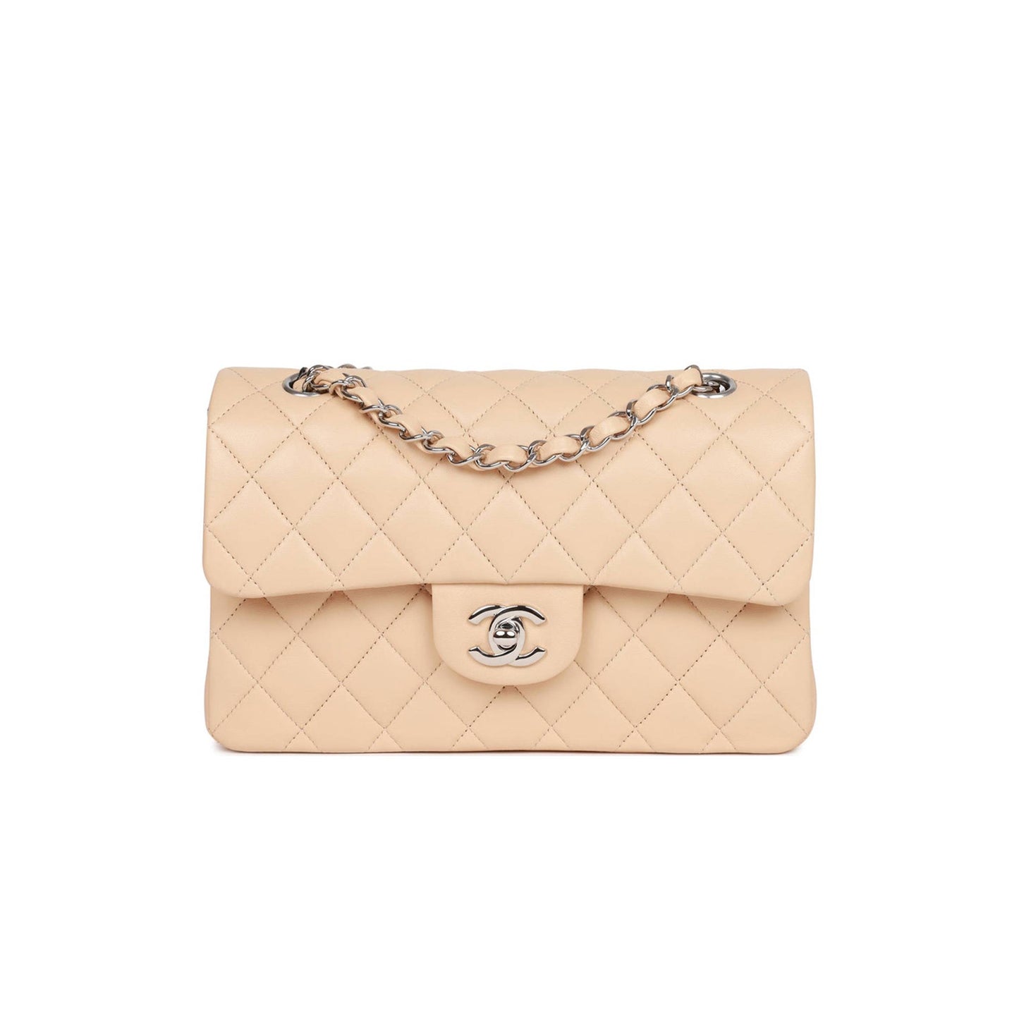 Ch*el small classic double flap beige lambskin silver hardware (23*13*6cm)