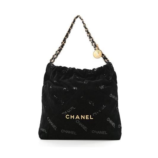 Ch*el velvet sequin quilted Ch*el 22 black gold hardware (37*35*7cm)