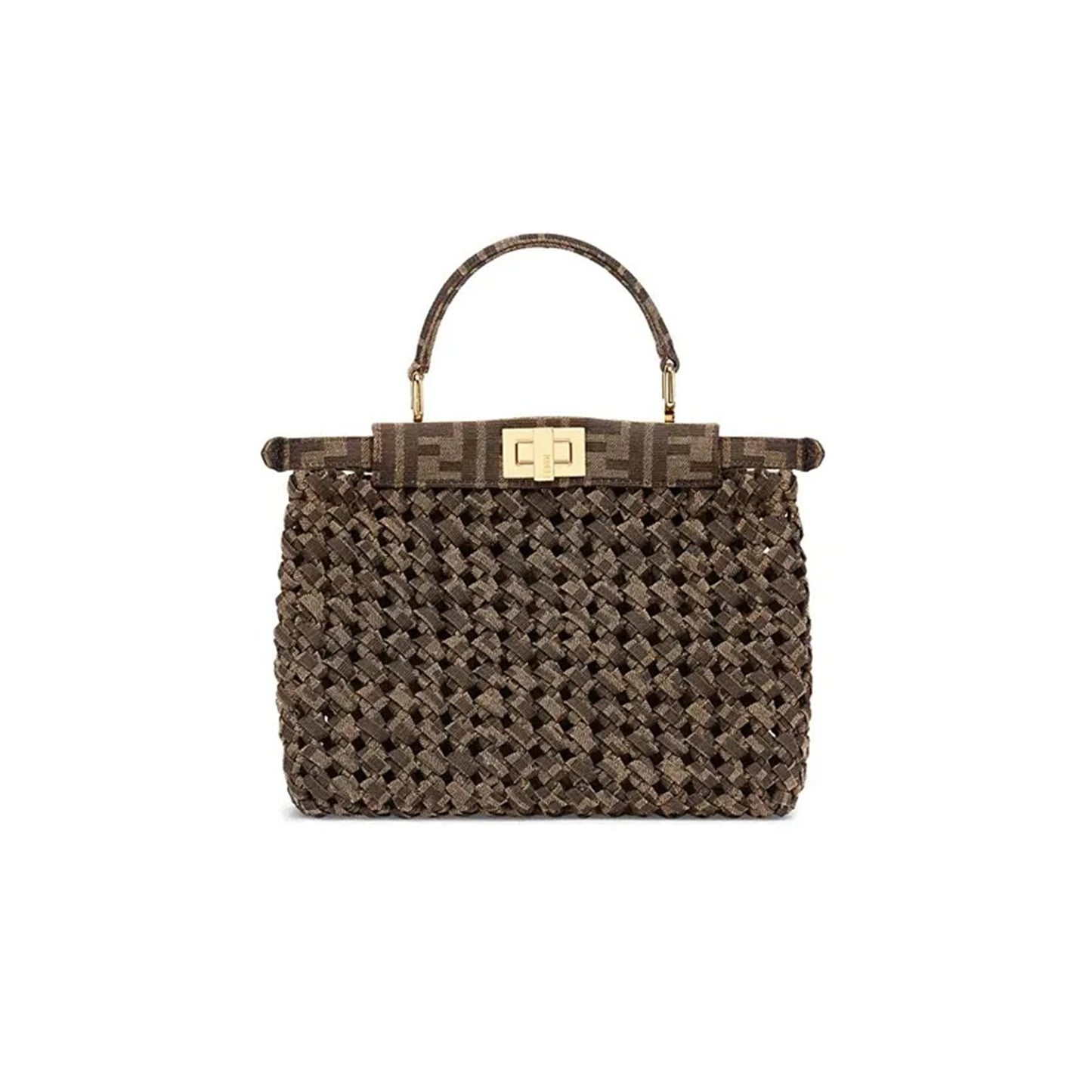F**di peekaboo iconic gold buckle presbyopia logo ff pattern woven jacquard fabric crossbody handbag 8bn244abmrf0a6e (23*18*11cm)