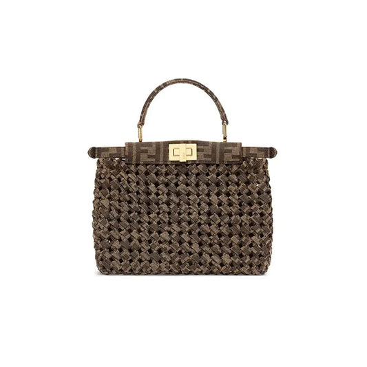 F**di peekaboo iconic gold buckle presbyopia logo ff pattern woven jacquard fabric crossbody handbag 8bn244abmrf0a6e (23*18*11cm)