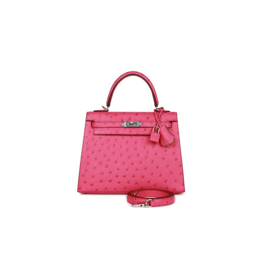 H**mes special order (hss) kelly sellier 25 rose tyrien verso ostrich palladium hardware handmade (25*17*7cm)