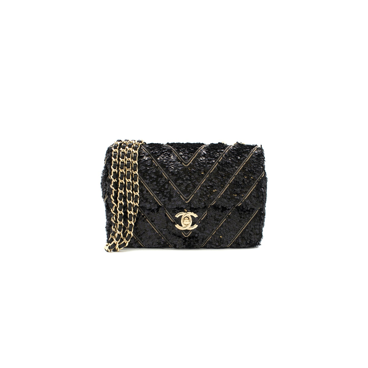 Ch**el classic flap bag in chevron chain & sequin with black calfskin lining and gold hardware (21*14*8cm)