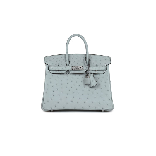 H**mes master birkin 25 ostrich leather linen blue silver buckle h041944ck64 (25*20*13cm)