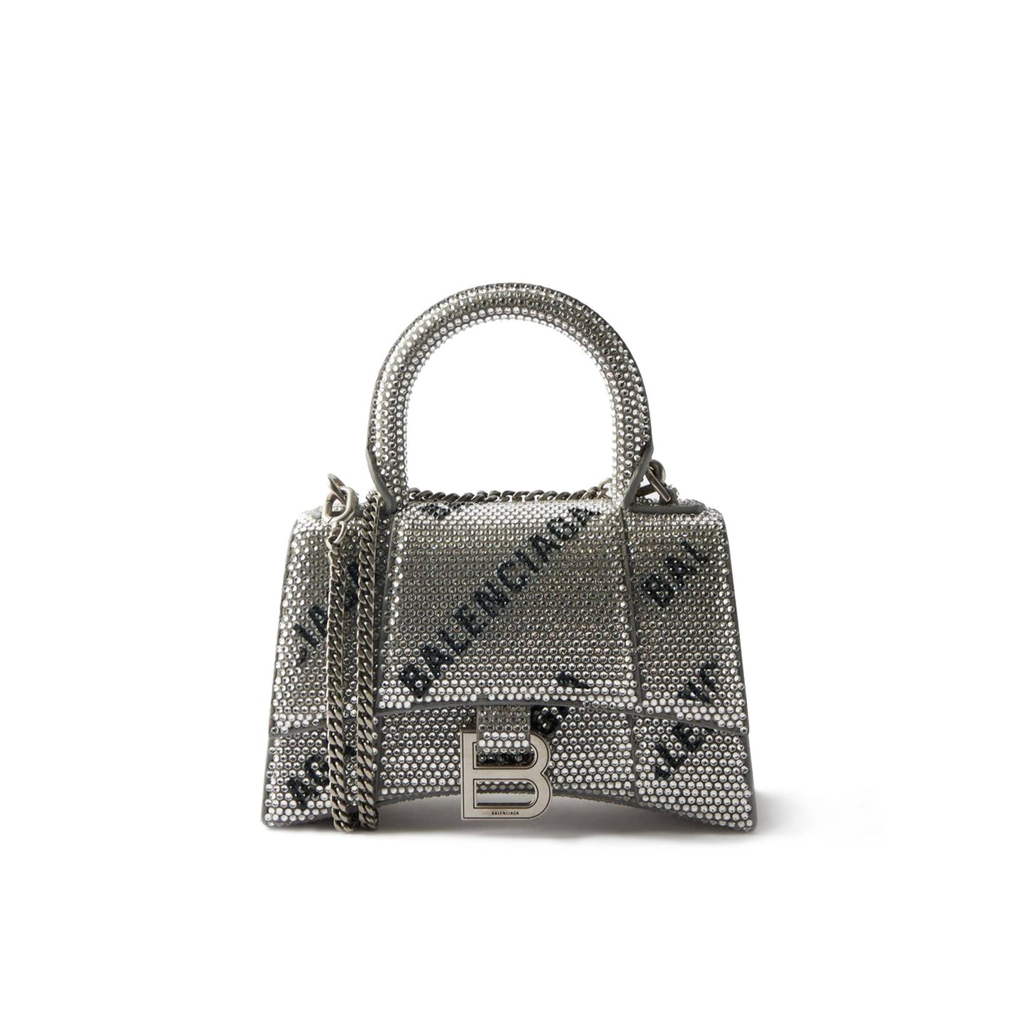 Ba*len*cia*ga silver hourglass xs crystal-embellished leather bag matchesfashion us (19*12*6.6cm)