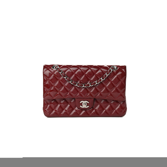 Ch*el patent calfskin quilted medium double flap dark red a01112 (25*15*6cm)