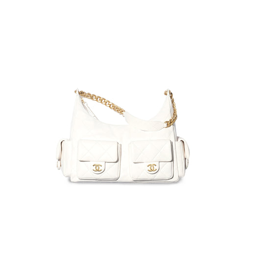 Ch*el maxi hobo bag shiny lambskin & gold-tone metal white as5302 (35*27*18cm)