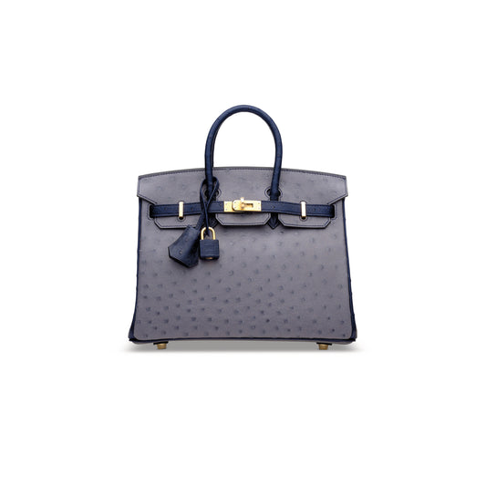 H**mes master birkin 25 ostrich agate grey maltese blue brushed gold buckle h041944ck8v (25*20*13cm)