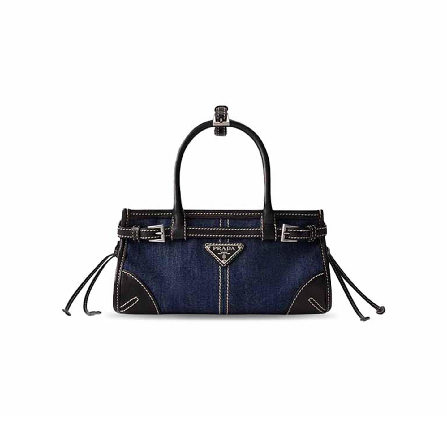 Pra*a mini triangular metal logo denim tote bag 1ba486 (24*23*9cm)