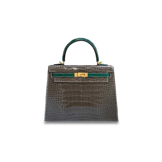 H**mes master kelly 25 turtledove gray crocodile with emerald green brushed gold buckle (25*17*7cm)