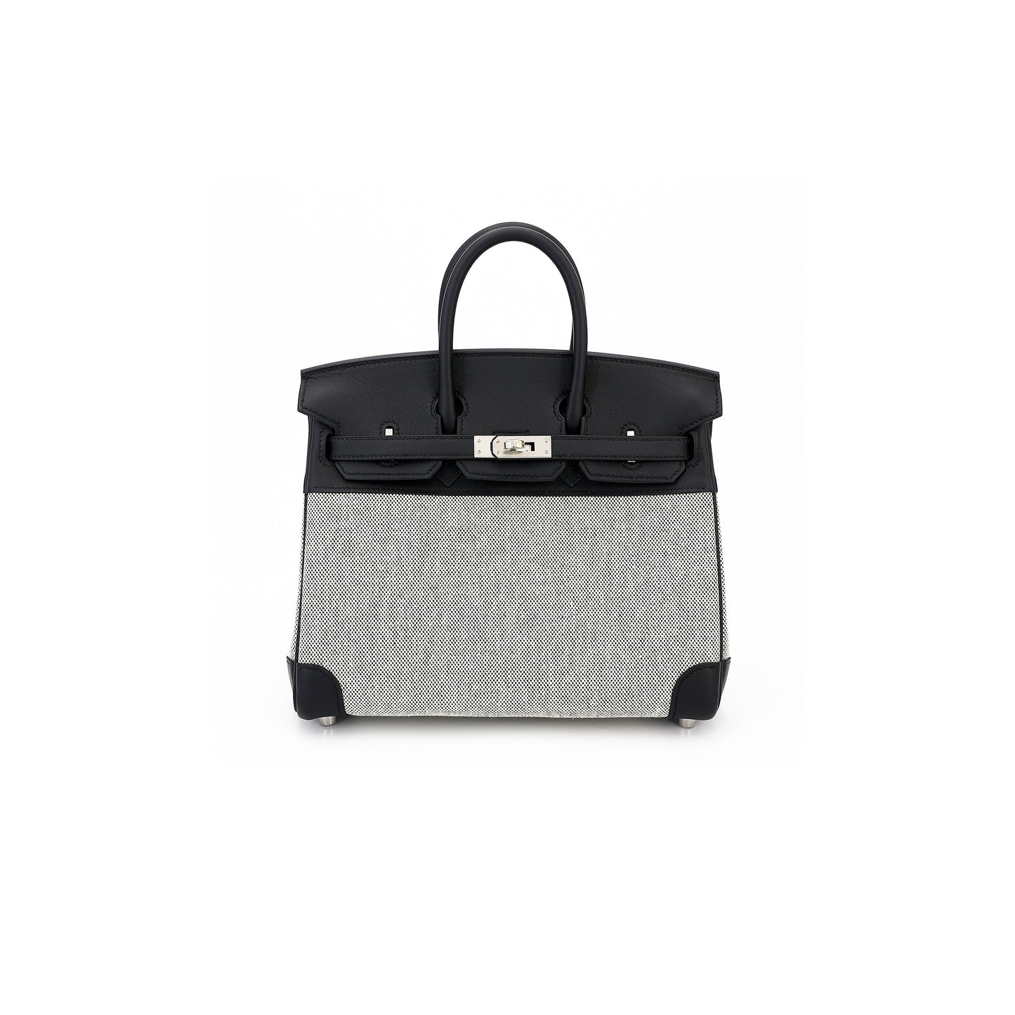 H**mes birkin 25 89 black noir canvas swift leather silver buckle 8023220073 (25*20*13cm)