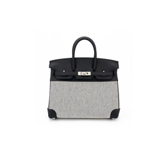 H**mes birkin 25 89 black noir canvas swift leather silver buckle 8023220073 (25*20*13cm)