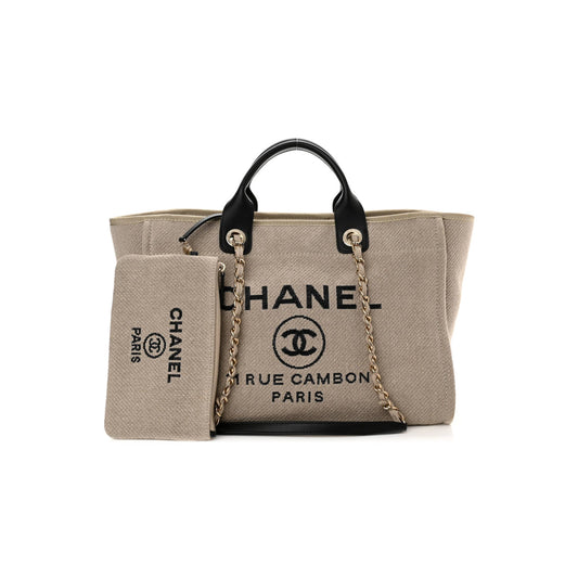 Ch*el mixed fibers medium deauville tote beige black (38*28*20cm)