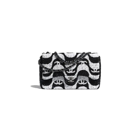 Ch*el sequins white & black flap bag a01112 (25*15*6cm)