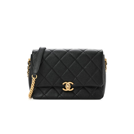 Ch*el shiny caviar quilted small chain melody flap black gold hardware (22*15*6cm)
