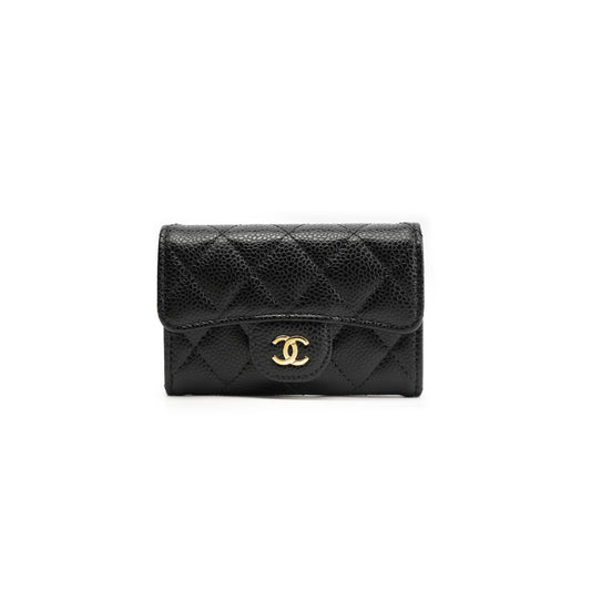 Ch*el grained cowhide quilted flap card holder wallet black ap0214 (11.3*7.5*2.5cm)