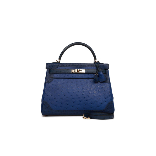 H**mes ghillies kelly retourne 32 bleu saphir, bleu iris and bleu de malte ostrich permabrass hardware (32cm)