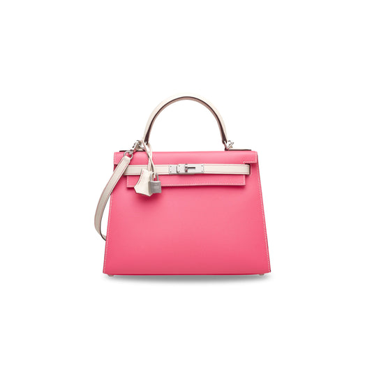 H**mes rose azalÉe & craie epsom leather sellier kelly 25 with brushed palladium hardware (25*17*7cm)