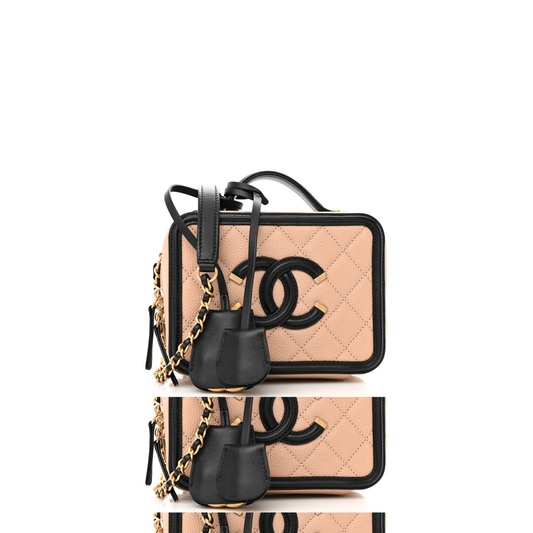 Ch*el caviar quilted small filigree vanity case beige black (16*13*7cm)