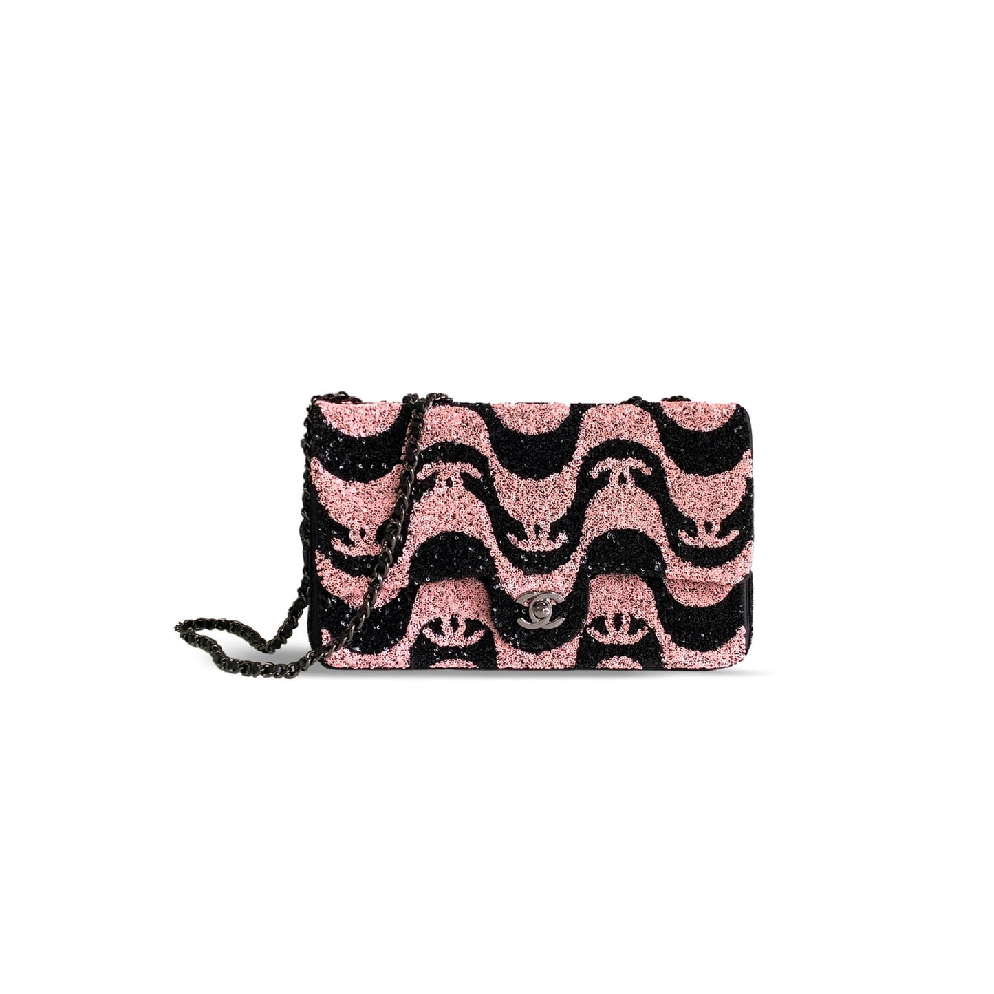 Ch*el sequins pink & black flap bag a01112 (25*15*6cm)