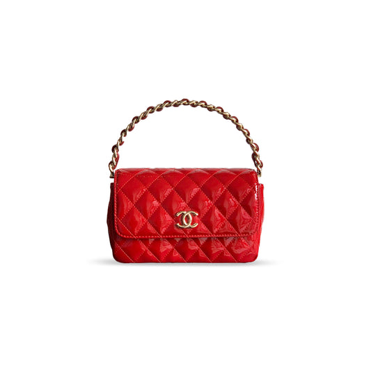 Ch*el handle flap bag patent calfskin & gold metal red 496586 (18.5*10.5*8cm)
