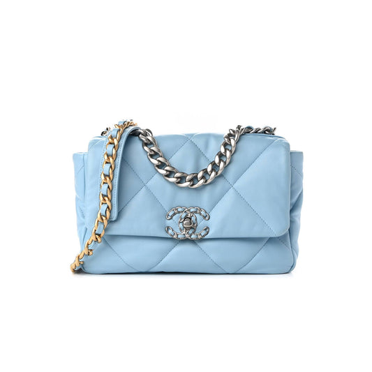 Ch*el lambskin quilted medium Ch*el 19 flap light blue silver hardware (25*17*8cm)