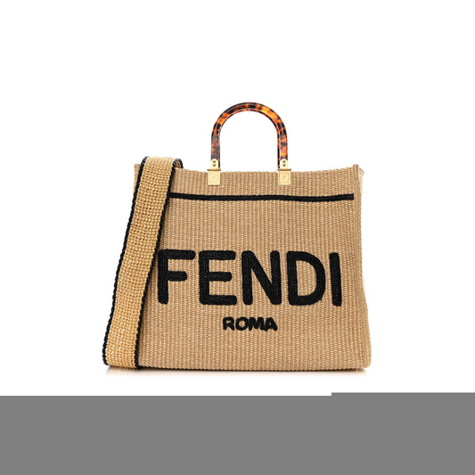 F**di straw vitello king plexiglass woven medium F**di sunshine shopper tote natural black (36*32*17cm)