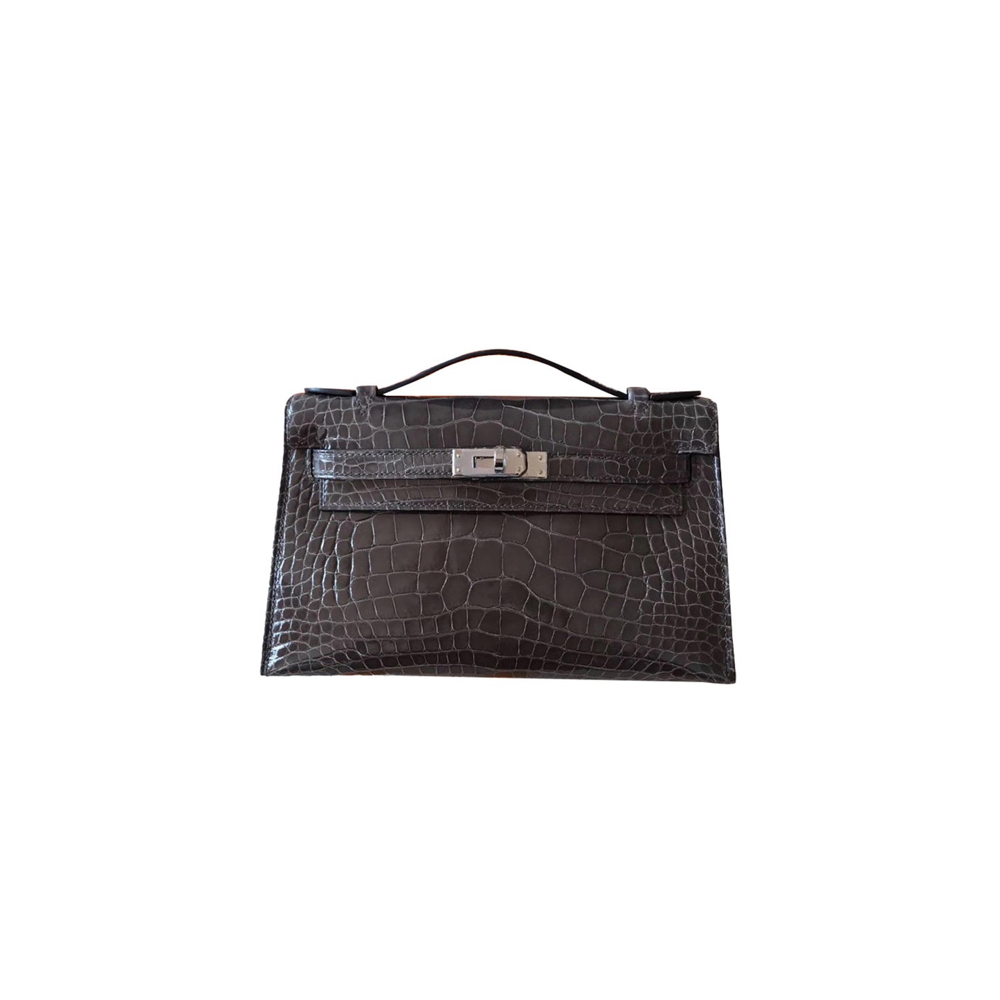 H**mes master mini kelly pochette glossy square crocodile elephant gray silver buckle (22*14*7cm)
