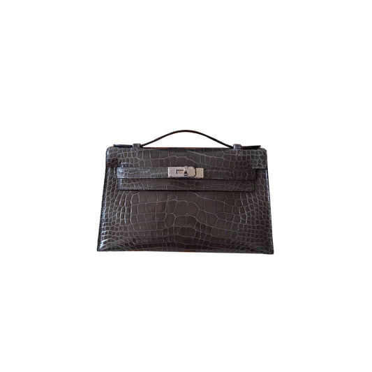 H**mes master mini kelly pochette glossy square crocodile elephant gray silver buckle (22*14*7cm)