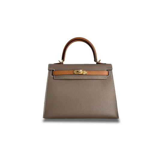 h**mes kelly 25 epsom elephant gray with G01den brown gold buckle (25*17*7cm)