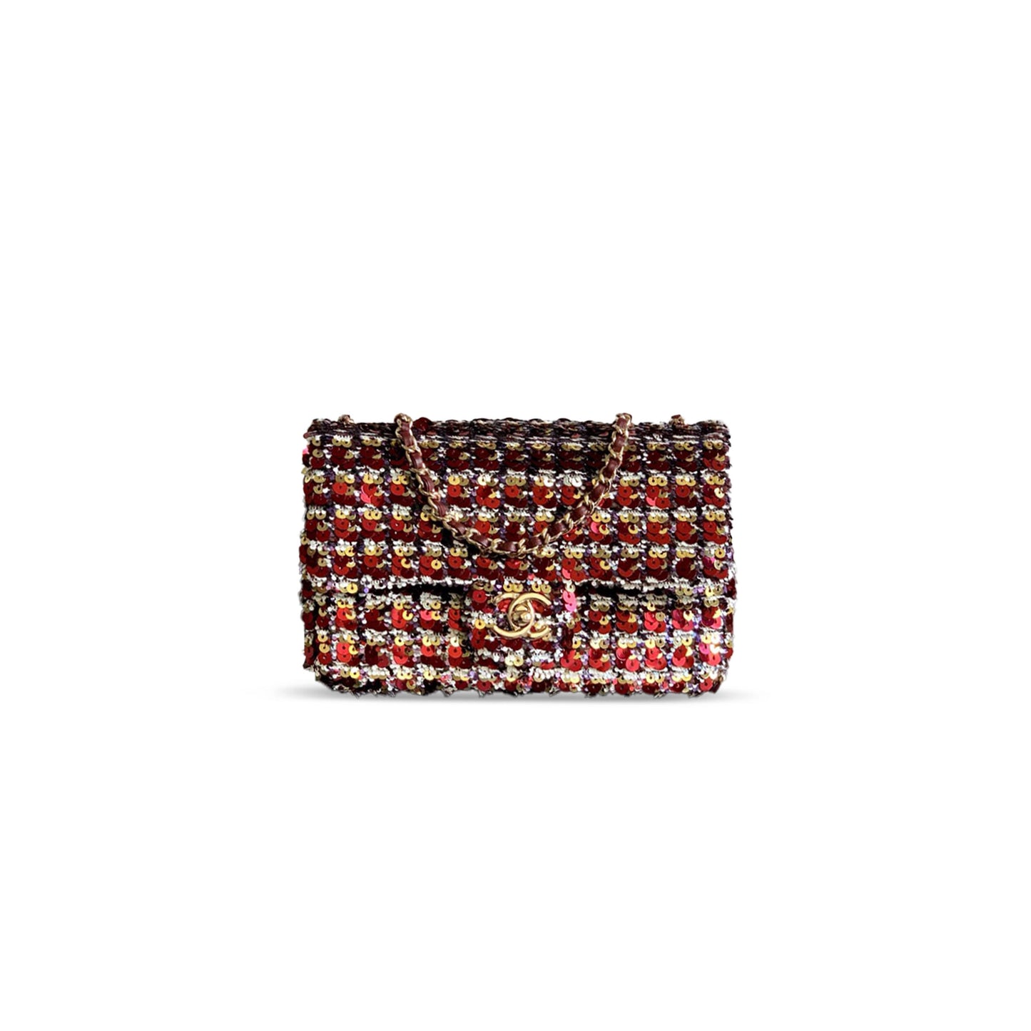 ch*el flap bag sequins & gold-tone metal G01den & date red as4561 (21*14*8cm)