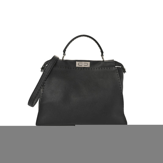 F**di cuoio romano selleria bi-color large peekaboo iconic satchel black mou (15.5*12*7cm)